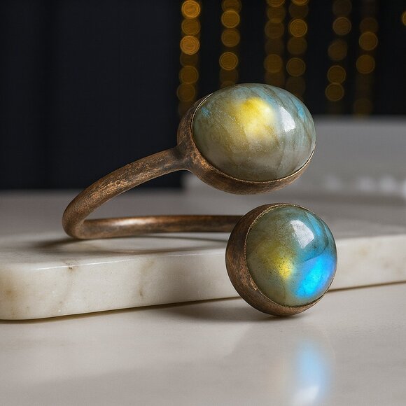 🆕 Boho Vintage Labradorite Ring Adjustable Open Wrap Handmade Copper Finish - Picture 1 of 10